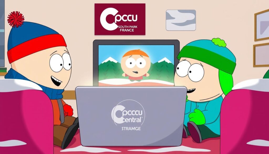 A colorful and whimsical cartoon scene depicting the beloved South Park characters - Cartman, Stan, and Kyle - gathered around a laptop, intently watching their favorite show on Comedy Central France's online streaming platform. The foreground features the trio in their signature winter attire, expressions of delight and amusement as they immerse themselves in the comedy. The middle ground showcases the laptop screen, glowing with vibrant colors and the iconic South Park visual style. The background is a simple, stylized representation of a living room setting, with minimal details to keep the focus on the central characters and their shared viewing experience. The overall tone is playful, nostalgic, and true to the spirit of the iconic animated series.