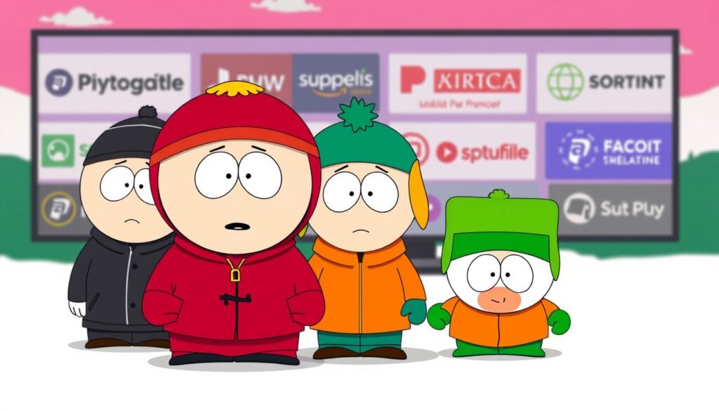 A colorful, cartoon-style illustration depicting the iconic South Park characters Cartman, Stan, and Kyle against a vibrant streaming platform backdrop. The foreground features the characters in their signature outfits, with Cartman's distinctive red parka and Kenny's orange jacket prominently displayed. The middle ground showcases various streaming service logos, hinting at the official platforms available for South Park VF streaming. The background is a soft, blurred gradient, creating a sense of depth and emphasis on the central characters and streaming elements. The overall mood is playful, energetic, and true to the South Park aesthetic, reflecting the subject of French-language streaming options for the animated series.