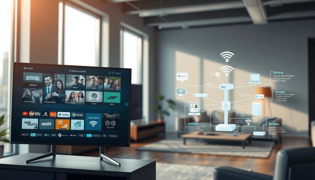 Visuel cinématographique illustrant les besoins de bande passante pour un Streaming Sans Buffering 2025, avec écran, schéma réseau et déco moderne.