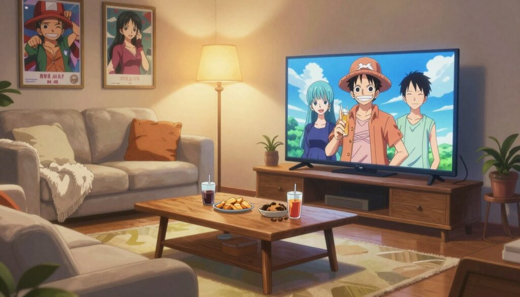 A cozy living room setting designed for optimal streaming enjoyment. In the foreground, a modern flat-screen TV displays an animated scene from a popular anime series like One Piece. Soft cushions and a light fleece blanket are draped over a comfortable sofa. The middle layer features an elegant coffee table with a rustic wood finish, surrounded by snacks and drinks, hinting at a relaxed streaming session. In the background, a warm lamp casts gentle light, creating a welcoming ambiance. The walls are adorned with framed posters of anime characters, enhancing the theme. The scene is captured in warm tones, evoking a sense of comfort and excitement for viewers, conveying the joy of choosing the best viewing quality for streaming. A cozy living room setting designed for optimal streaming enjoyment. In the foreground, a modern flat-screen TV displays an animated scene from a popular anime series like One Piece. Soft cushions and a light fleece blanket are draped over a comfortable sofa. The middle layer features an elegant coffee table with a rustic wood finish, surrounded by snacks and drinks, hinting at a relaxed streaming session. In the background, a warm lamp casts gentle light, creating a welcoming ambiance. The walls are adorned with framed posters of anime characters, enhancing the theme. The scene is captured in warm tones, evoking a sense of comfort and excitement for viewers, conveying the joy of choosing the best viewing quality for streaming.
