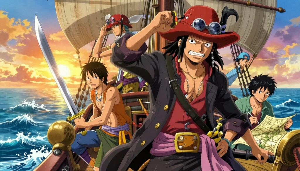 A dynamic and adventurous scene depicting a diverse crew of pirates on a grand ship, brimming with vibrant colors and intricate details, showcasing the essence of "narrative power." In the foreground, the captain, a charismatic figure with a flamboyant hat and a determined expression, navigates the ship confidently. The middle ground features crew members engaged in various activities—one sharpening a sword, another charting a course on a map, while a third gazes wistfully at the horizon, symbolizing dreams and aspirations. In the background, a dramatic ocean scene with swirling waves under a stunning sunset sky, casting warm golden hues. The image should have a cinematic feel, captured with a wide-angle lens effect to accentuate the vastness of the sea and the sense of adventure, evoking a mood of excitement and camaraderie. A dynamic and adventurous scene depicting a diverse crew of pirates on a grand ship, brimming with vibrant colors and intricate details, showcasing the essence of "narrative power." In the foreground, the captain, a charismatic figure with a flamboyant hat and a determined expression, navigates the ship confidently. The middle ground features crew members engaged in various activities—one sharpening a sword, another charting a course on a map, while a third gazes wistfully at the horizon, symbolizing dreams and aspirations. In the background, a dramatic ocean scene with swirling waves under a stunning sunset sky, casting warm golden hues. The image should have a cinematic feel, captured with a wide-angle lens effect to accentuate the vastness of the sea and the sense of adventure, evoking a mood of excitement and camaraderie.