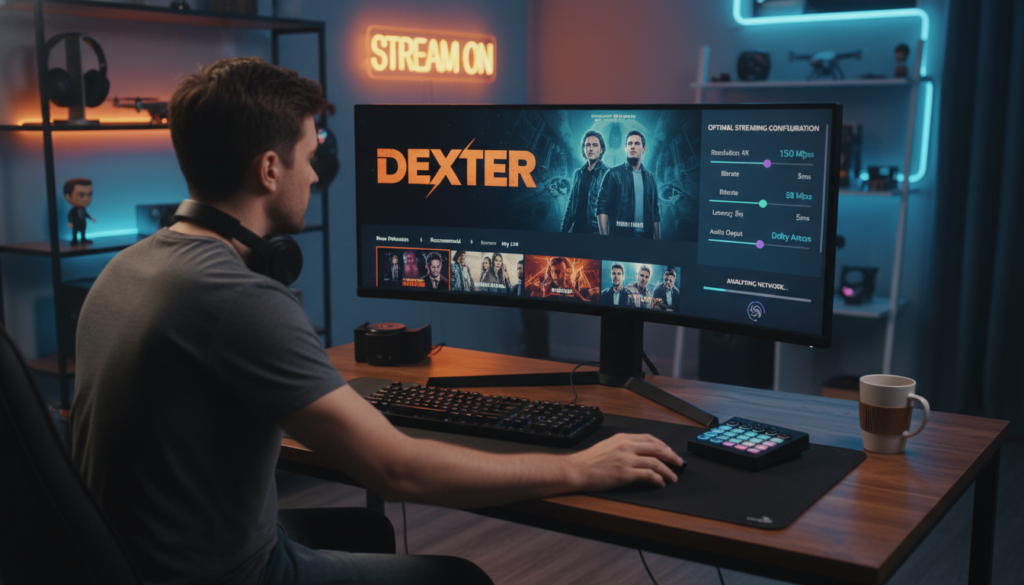 A modern digital workspace featuring a sleek computer setup displaying a vibrant interface for streaming content. In the foreground, a professional, focused individual in smart casual attire is adjusting settings on the screen. The middle layer showcases a high-definition monitor with colorful graphics representing Dexter streaming options and optimal configuration settings. In the background, soft ambient lighting creates a cozy atmosphere, with hints of tech gadgets and streaming-related decor. The overall mood is focused yet engaging, highlighting the theme of accessing streaming content efficiently. The scene is captured from a slightly elevated angle, emphasizing the interactive nature of the display and the subject's concentration. A modern digital workspace featuring a sleek computer setup displaying a vibrant interface for streaming content. In the foreground, a professional, focused individual in smart casual attire is adjusting settings on the screen. The middle layer showcases a high-definition monitor with colorful graphics representing Dexter streaming options and optimal configuration settings. In the background, soft ambient lighting creates a cozy atmosphere, with hints of tech gadgets and streaming-related decor. The overall mood is focused yet engaging, highlighting the theme of accessing streaming content efficiently. The scene is captured from a slightly elevated angle, emphasizing the interactive nature of the display and the subject's concentration.