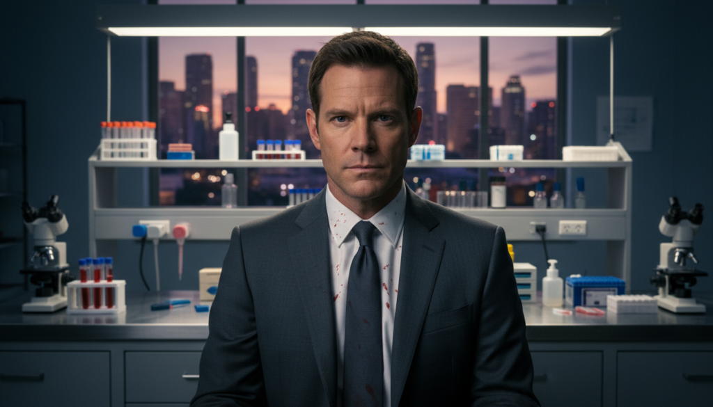 A striking portrait of Dexter Morgan, depicted as a blood analyst in a sterile laboratory environment. In the foreground, Dexter stands confidently, wearing a smart business suit with subtle blood spatter on his shirt, symbolizing his dual life. His expression is intense yet contemplative, reflecting the mental complexity of his character. In the middle ground, laboratory equipment and samples are meticulously arranged, illustrating his forensic work. The background features a soft-focus view of a city skyline at dusk, hinting at his darker side. Soft, overhead lighting casts gentle shadows, creating a moody atmosphere that emphasizes the tension between his professional facade and hidden secrets. The composition is shot from a slightly low angle, enhancing the subject's formidable presence. A striking portrait of Dexter Morgan, depicted as a blood analyst in a sterile laboratory environment. In the foreground, Dexter stands confidently, wearing a smart business suit with subtle blood spatter on his shirt, symbolizing his dual life. His expression is intense yet contemplative, reflecting the mental complexity of his character. In the middle ground, laboratory equipment and samples are meticulously arranged, illustrating his forensic work. The background features a soft-focus view of a city skyline at dusk, hinting at his darker side. Soft, overhead lighting casts gentle shadows, creating a moody atmosphere that emphasizes the tension between his professional facade and hidden secrets. The composition is shot from a slightly low angle, enhancing the subject's formidable presence.